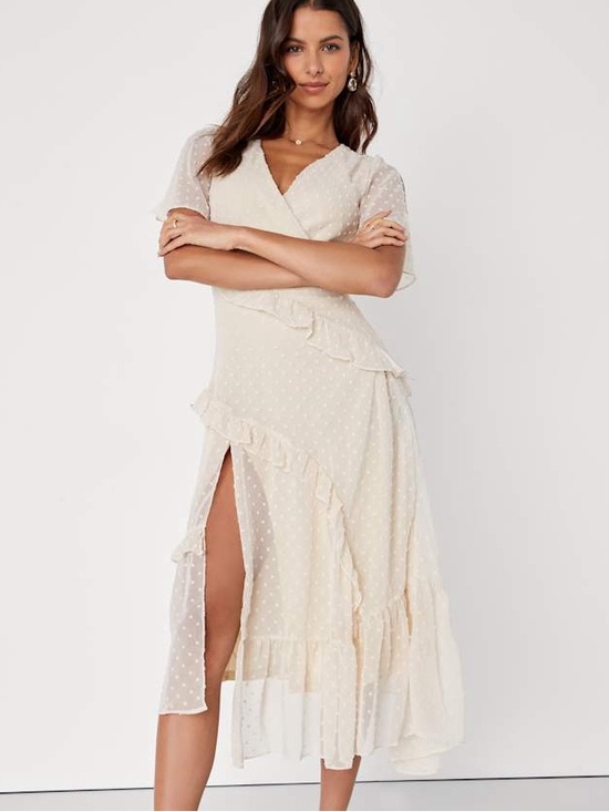next to you cream swiss dot ruffled midi dress White Next to You Cream Swiss Dot Ruffled Midi Dress | Womens | Small (Available in M, L) | 100% Polyester